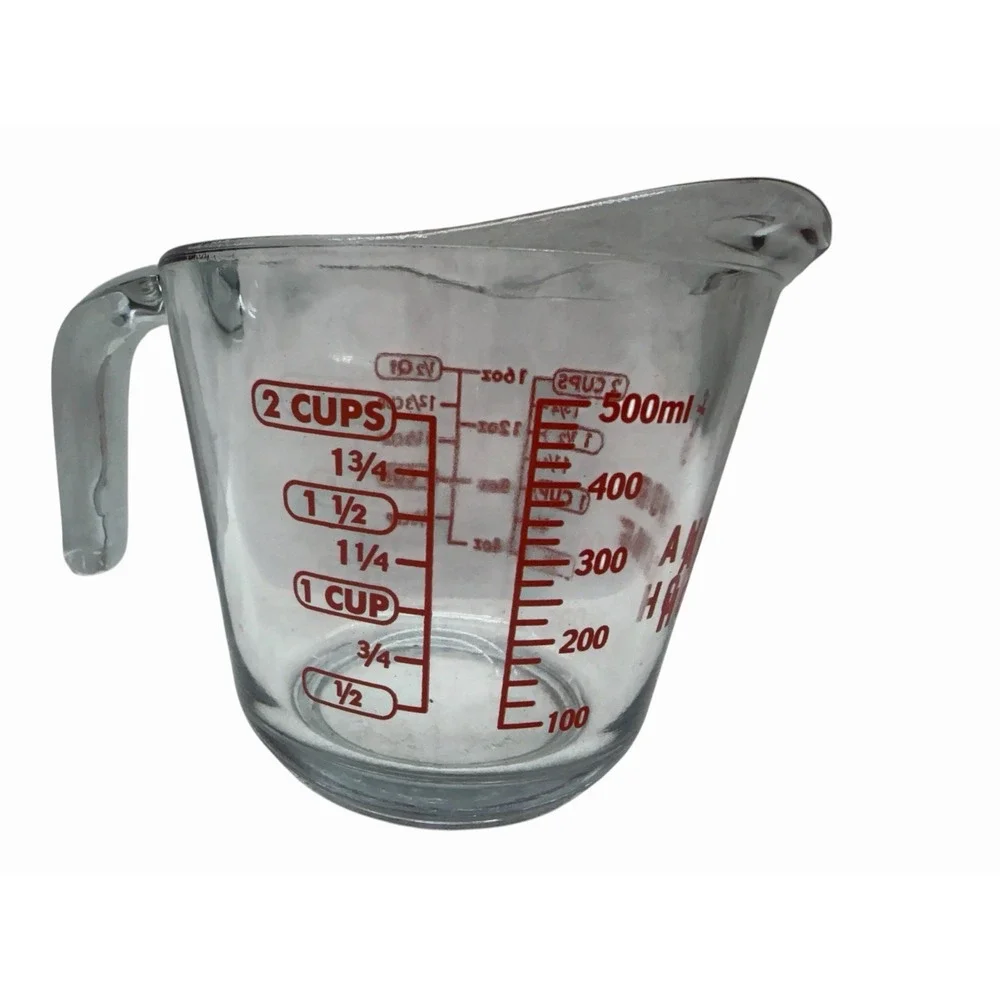 Anchor Hocking 2 Cup Glass Measuring Cup‎ Red Print 16oz 500ml USA Heavy Glass